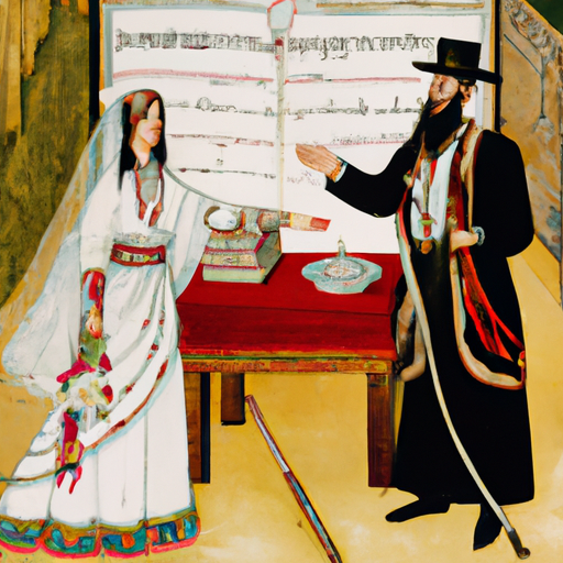 A historical depiction of a Jewish wedding scene with a Ketubah.