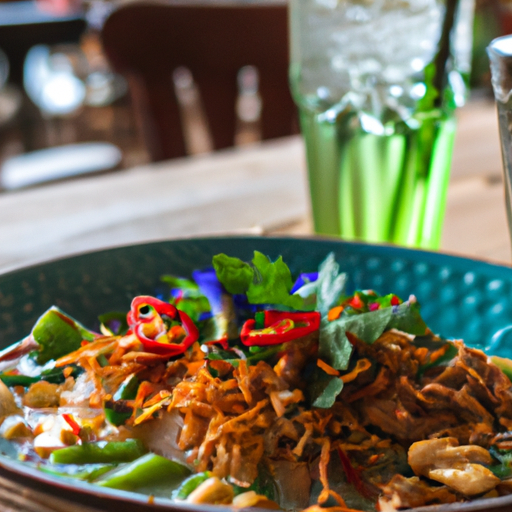 תמונה הכוללת צלחת של מנה תאילנדית מפורסמת המוגשת במסעדה בסגנון קופנגן