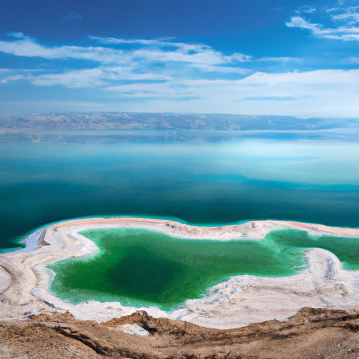 A panoramic view of the serene Dead Sea against a clear blue sky.